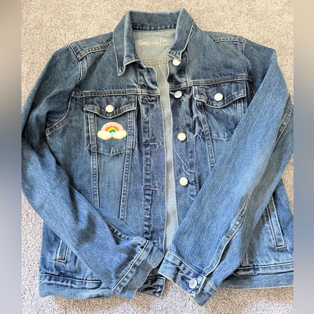 GAP women’s Blue Denim Jacket with Rainbow Cloud Patch